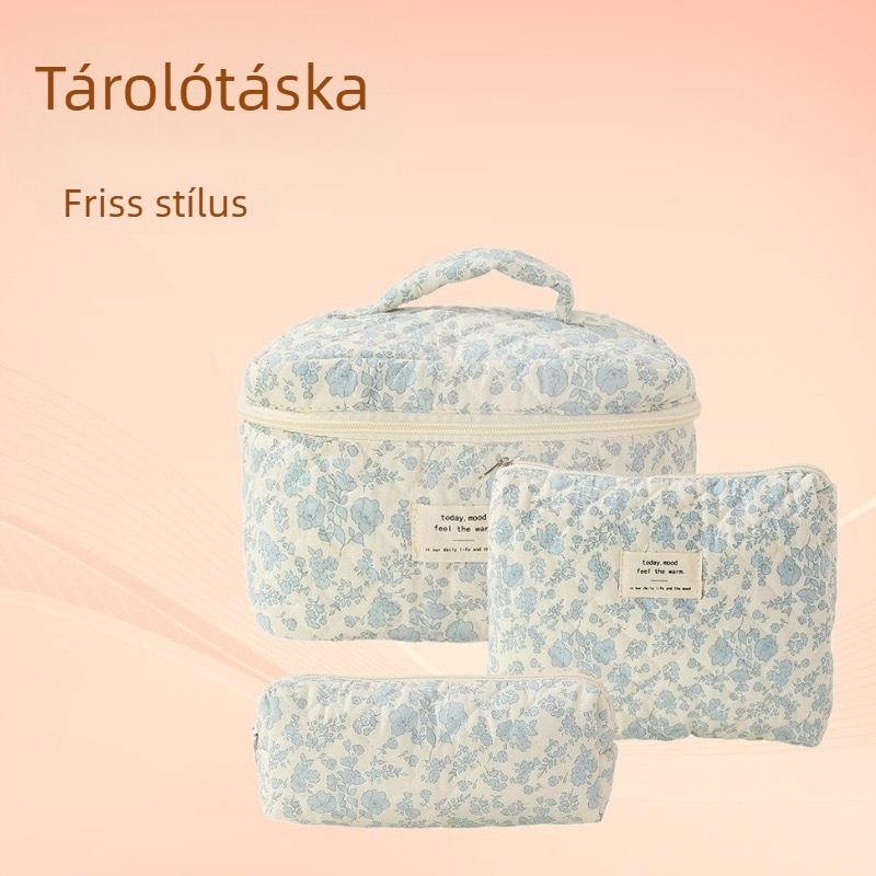 Nőknek szóló hordozható kozmetikai táska nagy kapacitású virágos mintával, három darabos utazási készlet
