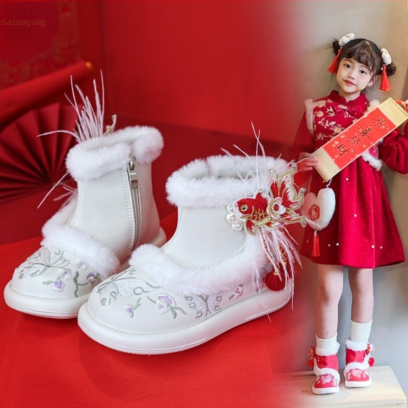 Lány Hanfu téli csizmája, kézzel hímzett díszítéssel, velúr felsőrész, gumitalp, tépőzáras zárás, 4–6 éveseknek