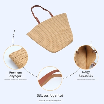 Szalma szövött táska, városi egyszerű stílus, trapezoid alak, nyitott felső, dupla vállpánt