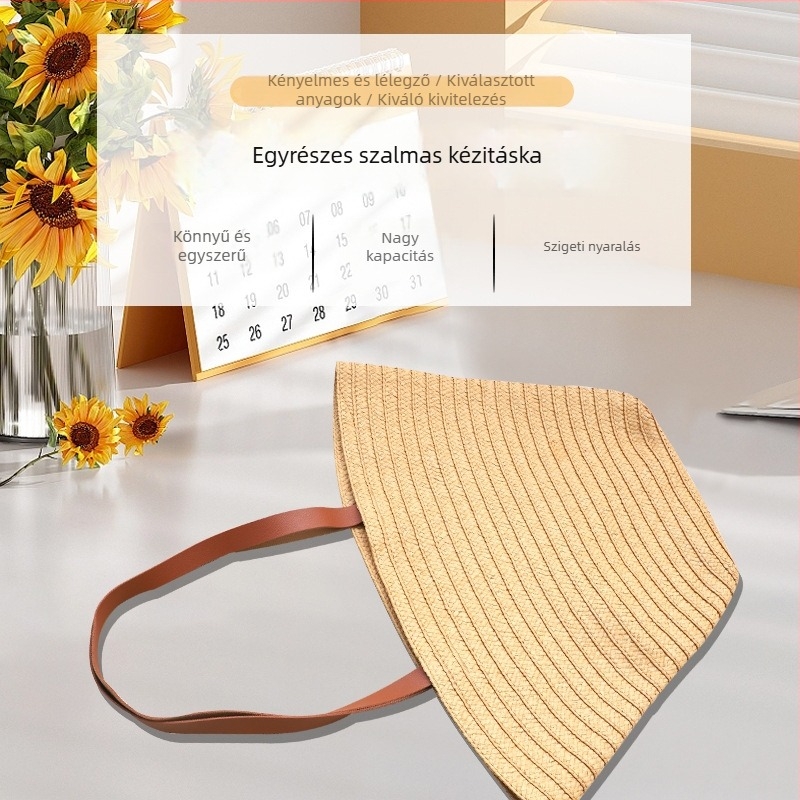 Szalma szövött táska, városi egyszerű stílus, trapezoid alak, nyitott felső, dupla vállpánt