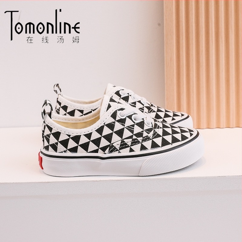 Gyerekeknek szóló slip-on vászoncipő, kockás mintázat, koreai stílus, vulkanizált talp
