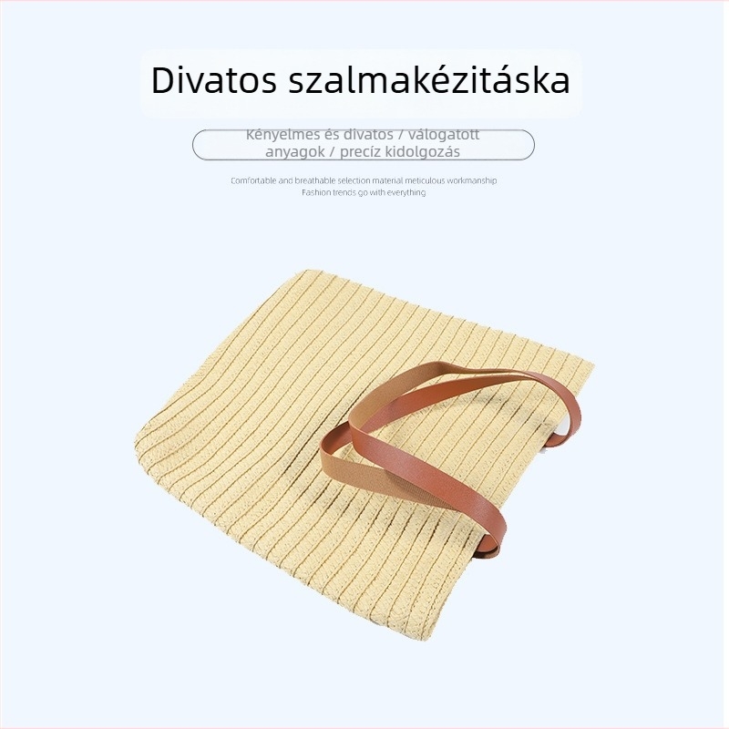 Női kézműves fonott szalma táska — minimalistikus stílus, nagy kapacitás, ideális a strandokra és nyaralásokra.
