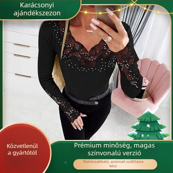 Női hosszú ujjú felső csipke betétekkel és köves díszítéssel, V-nyak, karcsúsított szabás, poliészter.