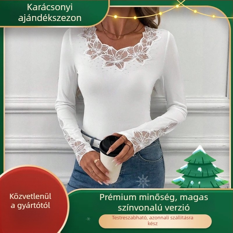Női hosszú ujjú felső csipke betétekkel és köves díszítéssel, V-nyak, karcsúsított szabás, poliészter.