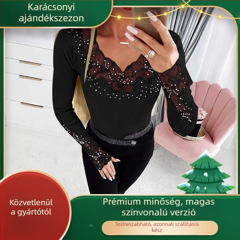 Női hosszú ujjú felső csipke betétekkel és köves díszítéssel, V-nyak, karcsúsított szabás, poliészter.