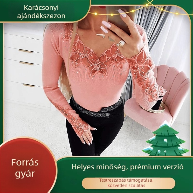 Női hosszú ujjú felső csipke betétekkel és köves díszítéssel, V-nyak, karcsúsított szabás, poliészter.