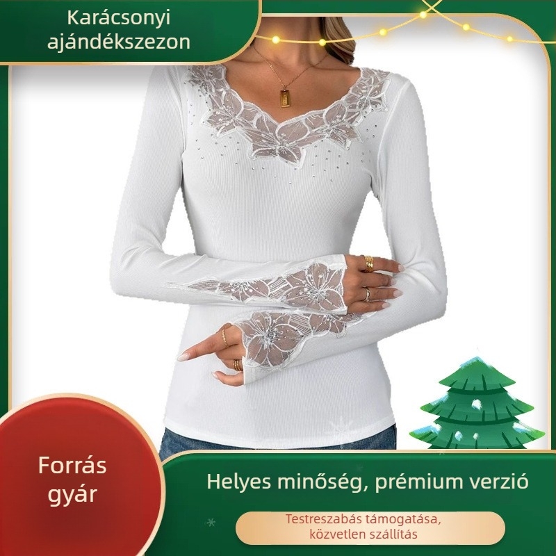 Női hosszú ujjú felső csipke betétekkel és köves díszítéssel, V-nyak, karcsúsított szabás, poliészter.