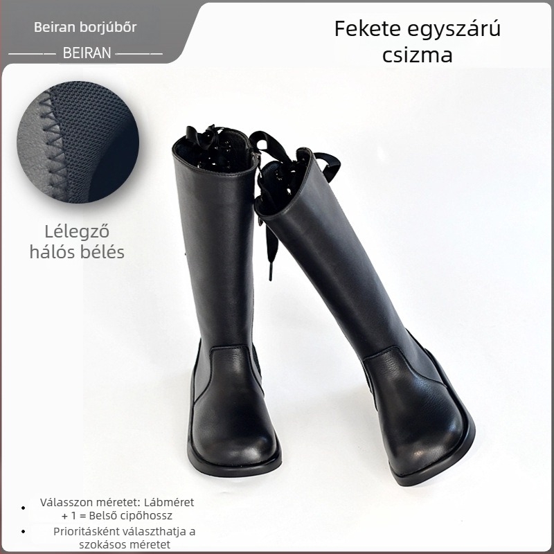 Gyerekeknek készült hercegnő-stílusú térdig érő csizma, marhabőr felsőrész, gumírozott talp, műszőrmés bélés, 4–16 éveseknek