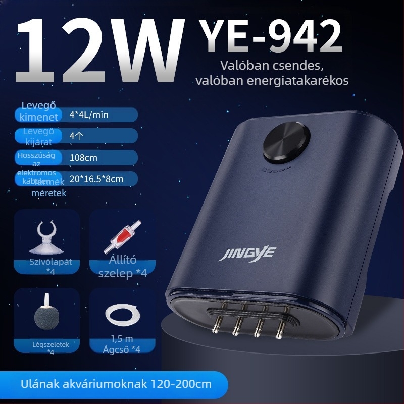 Jingye oxigénpumpa – aranyhalak számára, négyfejű aerátor nagy levegőmennyiséggel, háztartási akváriumi vízszivattyú, 1 kg