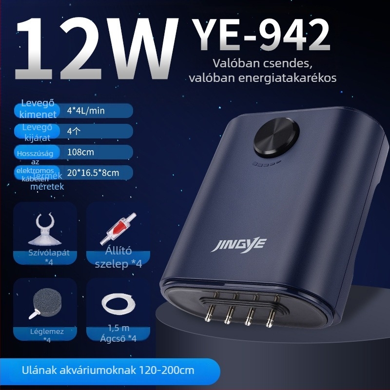 Jingye oxigénpumpa – aranyhalak számára, négyfejű aerátor nagy levegőmennyiséggel, háztartási akváriumi vízszivattyú, 1 kg