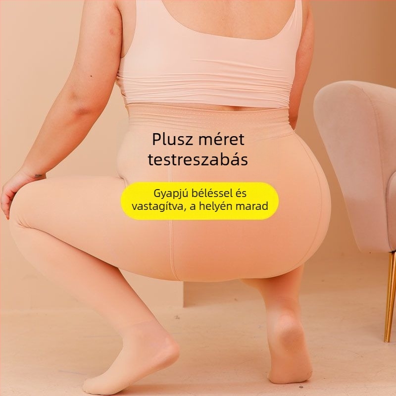 Plusz méretű női leggings őszi–téli szezonra, fleece-béléssel, vastag, magas derekú, testszínű