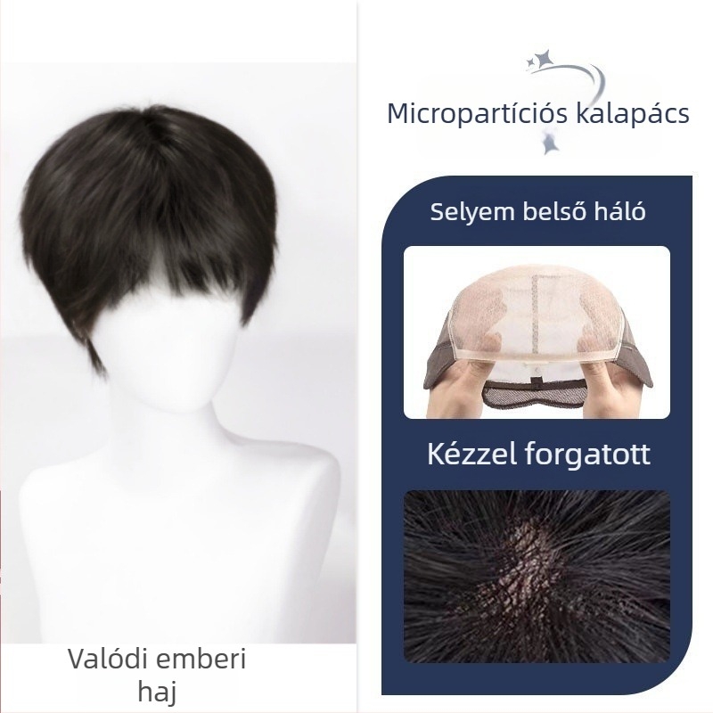 Férfi paróka valódi emberi hajból, teljesen kézzel készített, modell X01, növeli a haj volumenét és megváltoztatja a stílust
