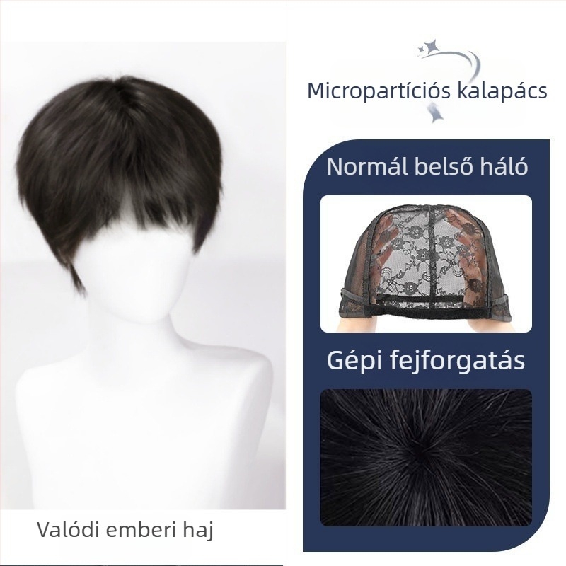 Férfi paróka valódi emberi hajból, teljesen kézzel készített, modell X01, növeli a haj volumenét és megváltoztatja a stílust