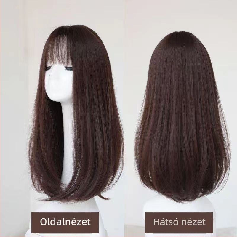 Női paróka, középhosszú haj, kulcscsontig érő, légies frufru és oldalsó frufru, hosszú egyenes haj