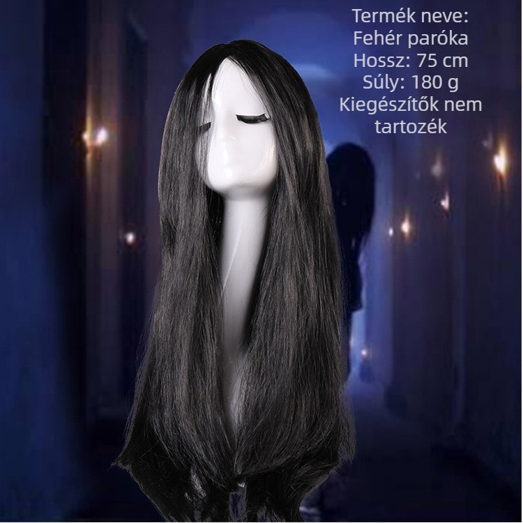 Természetes hosszú, egyenes paróka középső elválasztással, modell 212, hazai selyem haj, cosplay kiegészítő