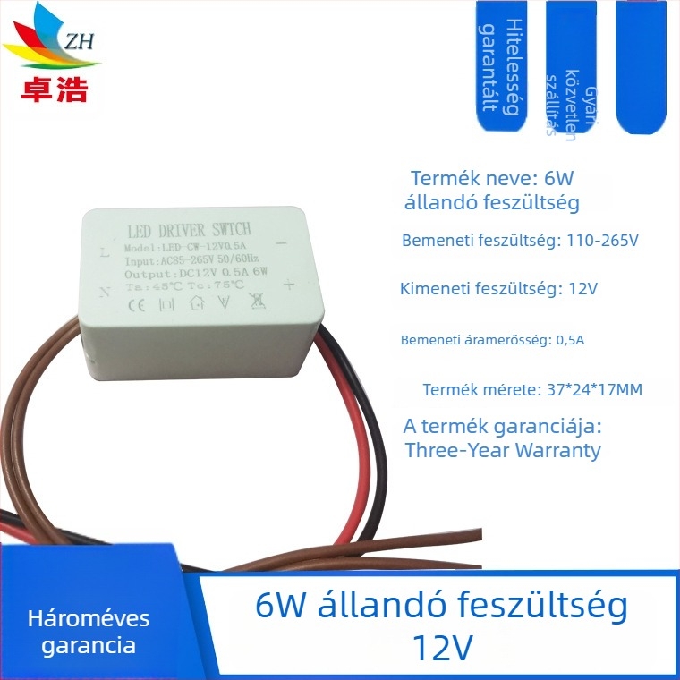 LED-szalaghoz tartozó tápegység, bemenet 12V/24V, teljesítmény 6W/12W/24W/36W, kapcsoló üzemmódú tápegység, állandó feszültség, CE tanúsítvány