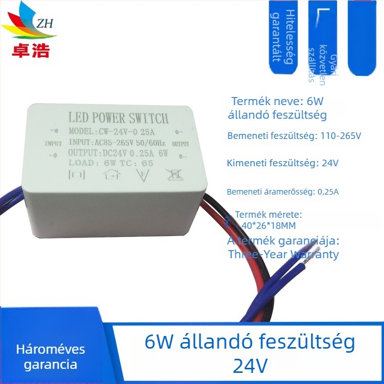 LED-szalaghoz tartozó tápegység, bemenet 12V/24V, teljesítmény 6W/12W/24W/36W, kapcsoló üzemmódú tápegység, állandó feszültség, CE tanúsítvány