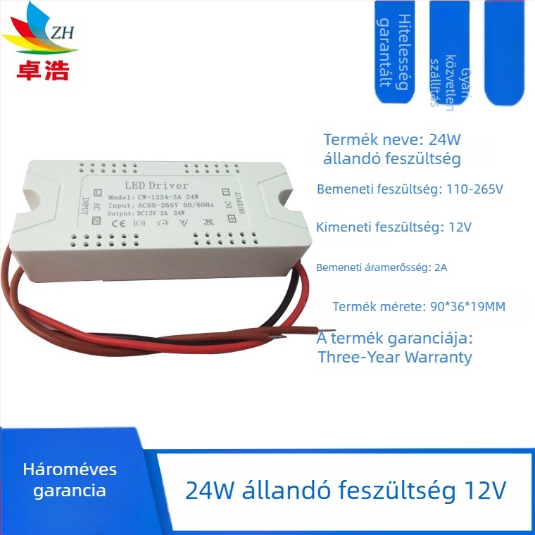 LED-szalaghoz tartozó tápegység, bemenet 12V/24V, teljesítmény 6W/12W/24W/36W, kapcsoló üzemmódú tápegység, állandó feszültség, CE tanúsítvány