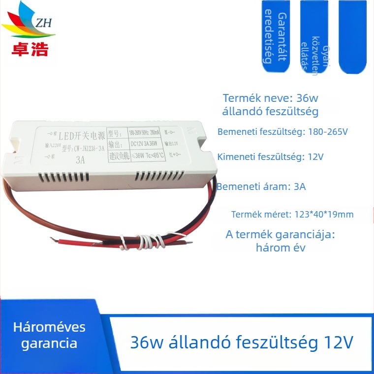 LED-szalaghoz tartozó tápegység, bemenet 12V/24V, teljesítmény 6W/12W/24W/36W, kapcsoló üzemmódú tápegység, állandó feszültség, CE tanúsítvány
