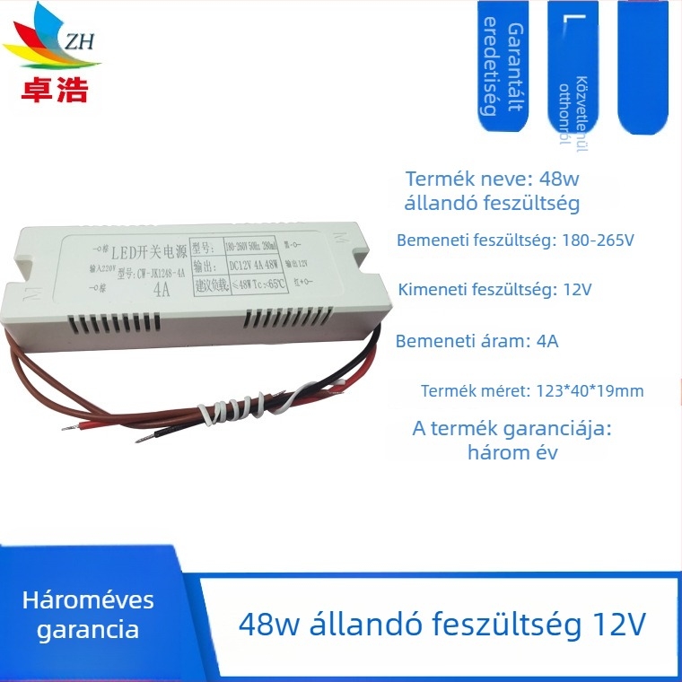LED-szalaghoz tartozó tápegység, bemenet 12V/24V, teljesítmény 6W/12W/24W/36W, kapcsoló üzemmódú tápegység, állandó feszültség, CE tanúsítvány