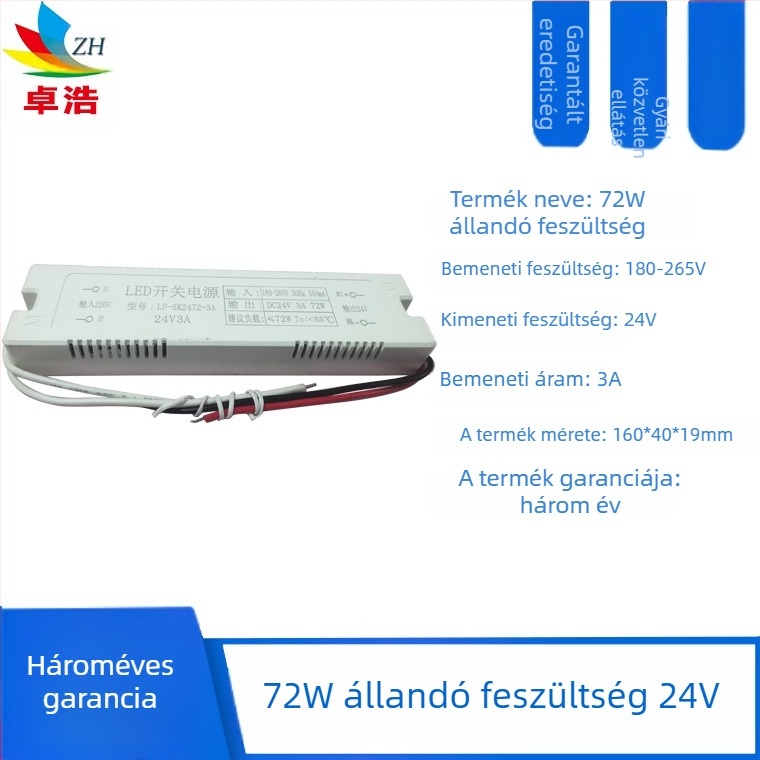 LED-szalaghoz tartozó tápegység, bemenet 12V/24V, teljesítmény 6W/12W/24W/36W, kapcsoló üzemmódú tápegység, állandó feszültség, CE tanúsítvány