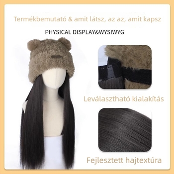 Beépített sapka-paróka medvefül dizájnnal – téli teljes fejfedés, hosszú egyenes haj