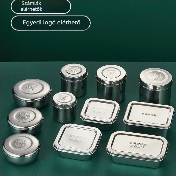 304 rozsdamentes acél minta doboz, kerek, mikrohullámú sütőben használható, 500 darab