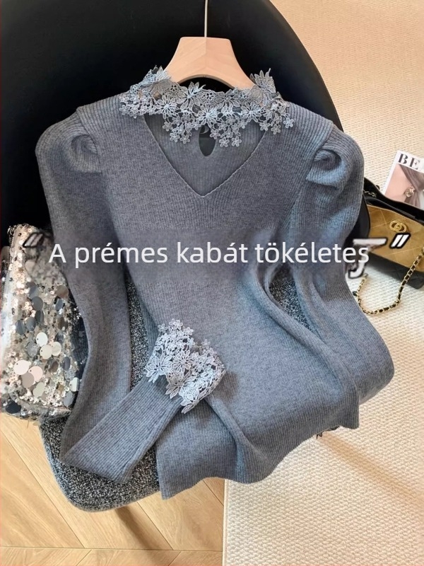 Koreai stílusú kötött felső csipkés patchworkkal, fél magas nyakú, hosszú ujjú, modell A9194