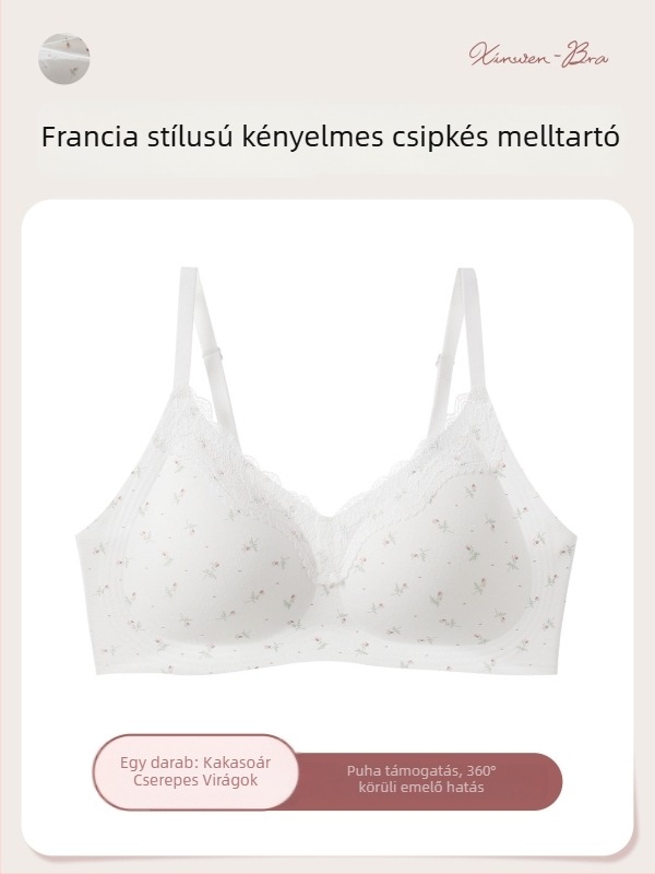 Sima csipkés virágmintás melltartó szett, kosár 3/4, tiszta pamut anyag, bélés elasztikával, emelés és gyűjtés, hátul három sor kampó, rögzített dupla pántok