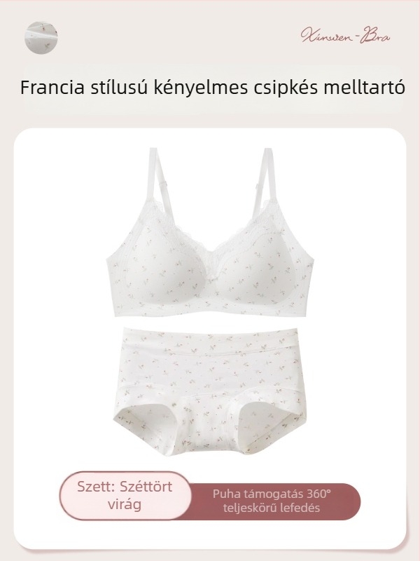 Sima csipkés virágmintás melltartó szett, kosár 3/4, tiszta pamut anyag, bélés elasztikával, emelés és gyűjtés, hátul három sor kampó, rögzített dupla pántok