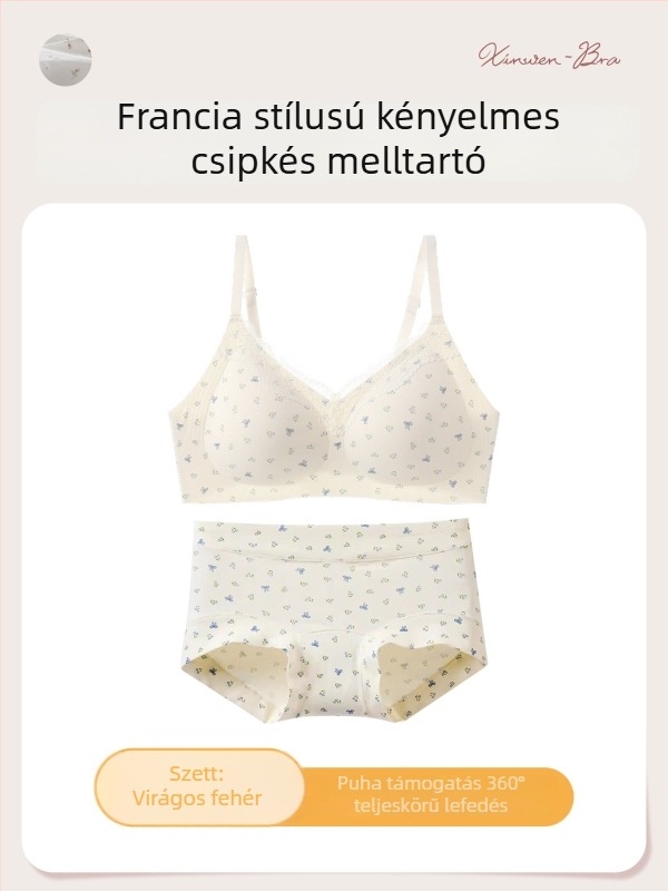 Sima csipkés virágmintás melltartó szett, kosár 3/4, tiszta pamut anyag, bélés elasztikával, emelés és gyűjtés, hátul három sor kampó, rögzített dupla pántok