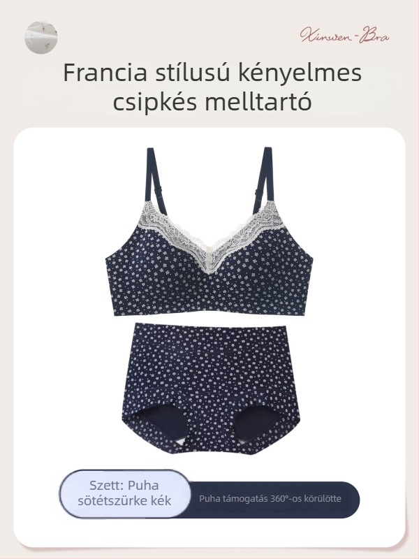 Sima csipkés virágmintás melltartó szett, kosár 3/4, tiszta pamut anyag, bélés elasztikával, emelés és gyűjtés, hátul három sor kampó, rögzített dupla pántok