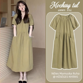 Nagy méretű kismama ruha kerek nyakkal, hosszú szabású, szabálytalan szoknya, poliészter, nyár 2025