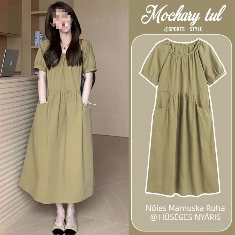 Nagy méretű kismama ruha kerek nyakkal, hosszú szabású, szabálytalan szoknya, poliészter, nyár 2025