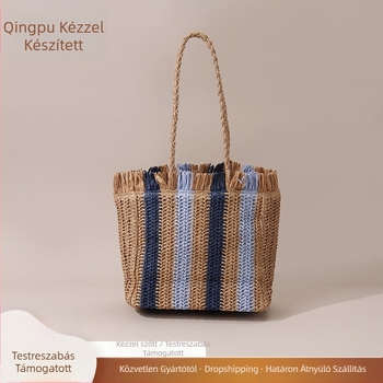 Papiroszból szőtt táska szabadidős utazásokhoz, függőleges négyzet alakú forma, cipzárral záródó, belső cipzáras zseb