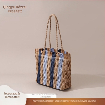 Papiroszból szőtt táska szabadidős utazásokhoz, függőleges négyzet alakú forma, cipzárral záródó, belső cipzáras zseb