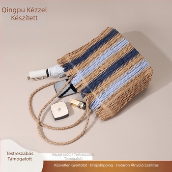 Papiroszból szőtt táska szabadidős utazásokhoz, függőleges négyzet alakú forma, cipzárral záródó, belső cipzáras zseb