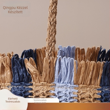 Papiroszból szőtt táska szabadidős utazásokhoz, függőleges négyzet alakú forma, cipzárral záródó, belső cipzáras zseb