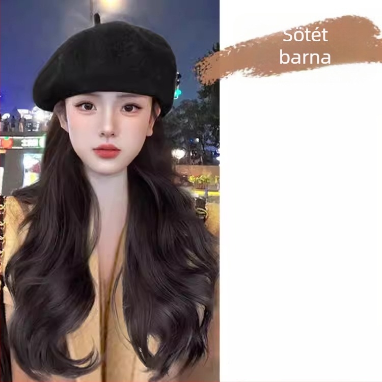 Levehető, mindent egyben beret/paróka nőknek, hosszú göndör haj, koreai stílus, hőálló szintetikus rostok