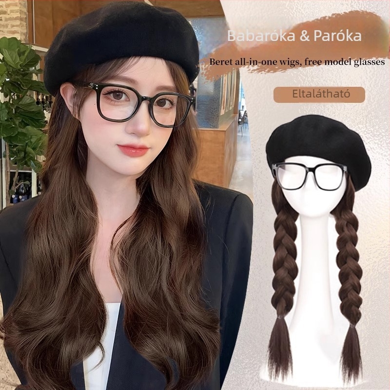 Levehető, mindent egyben beret/paróka nőknek, hosszú göndör haj, koreai stílus, hőálló szintetikus rostok