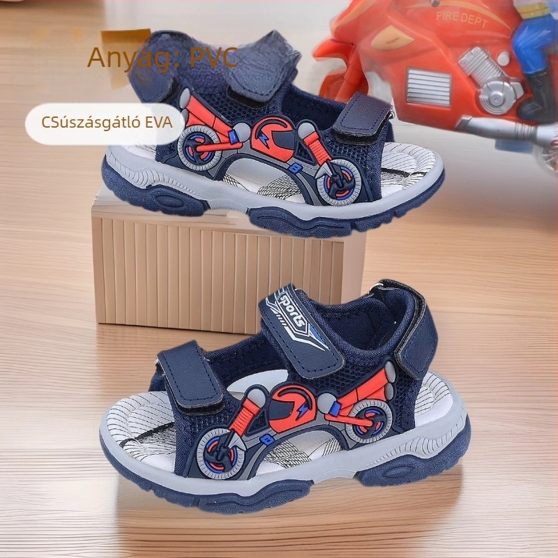 Fiú gyerekeknek készült Cartoon mintás mindennapi szandál, csúszásmentes puha PVC-talpú, felső rész műbőr, Velcro zárás, 4–16 éveseknek