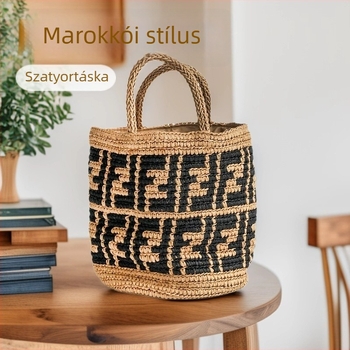 Szalmából készült szövött táska húzózsinórral, kézzel készített, etnikus stílus, niche dizájn, tengerparti nyaraláshoz