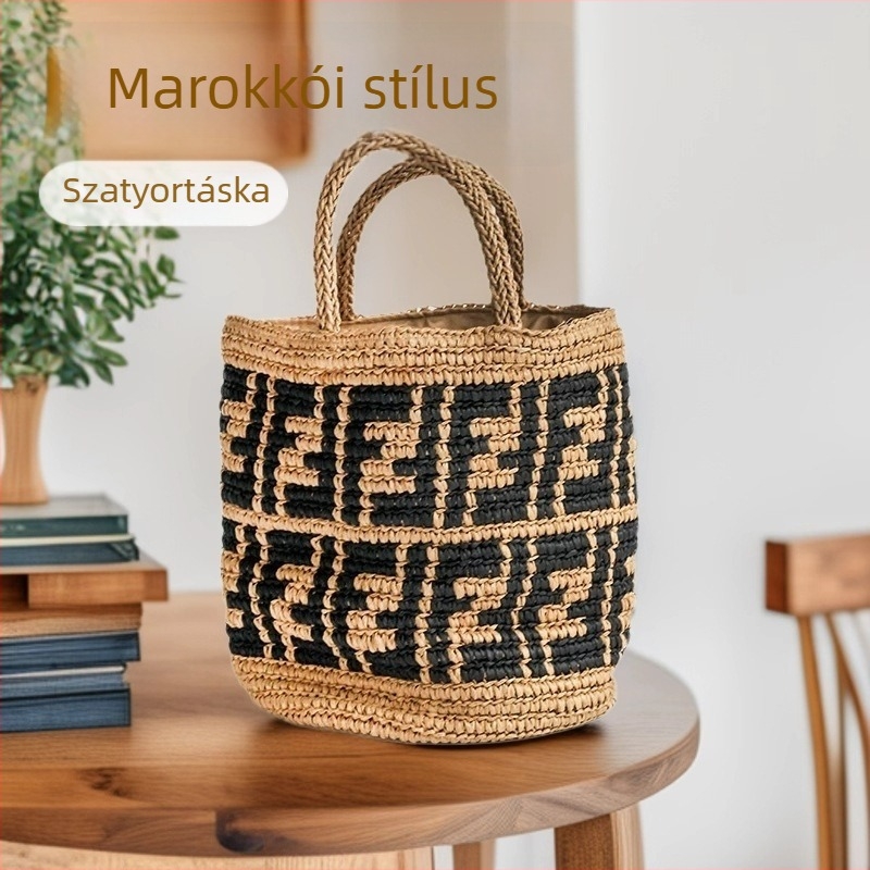 Szalmából készült szövött táska húzózsinórral, kézzel készített, etnikus stílus, niche dizájn, tengerparti nyaraláshoz