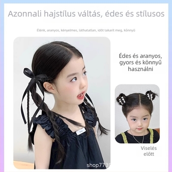Gyerekeknek szóló dupla copfos paróka, balett-stílusú masnival, kézzel készített, hőálló rostok, Py375 modell