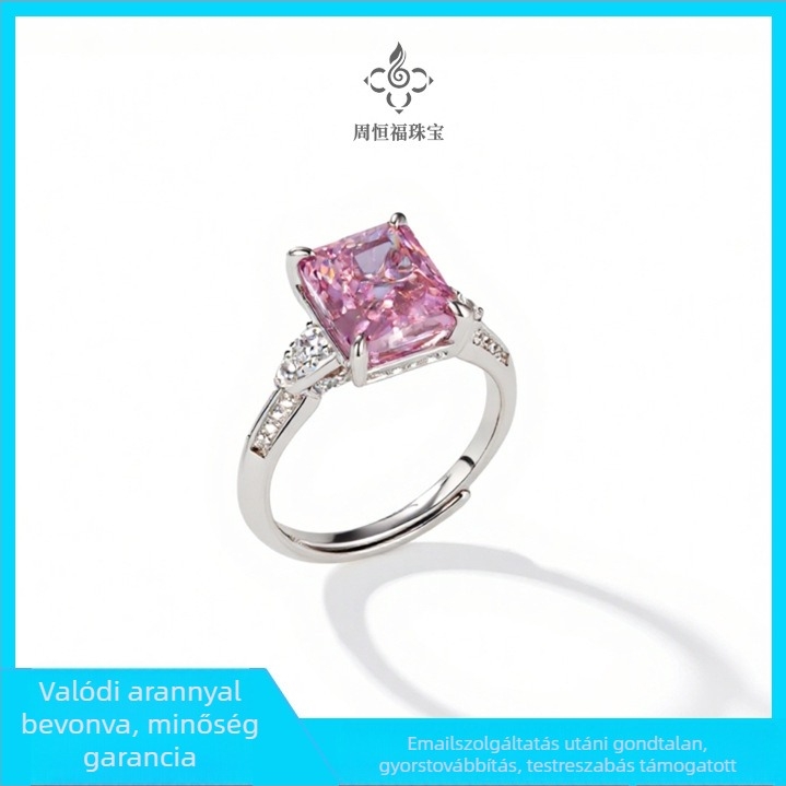 Zhou Hengfu Jewelry 925 ezüst gyűrű – négyzetes geometriai forma, valódi aranyozás, tündéri stílus