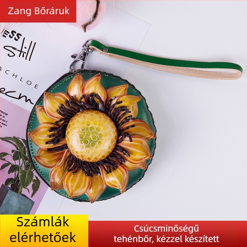 Napraforgó mintás kör mini táska, valódi bőr (első réteg), 1 hajtásos pénztárca, virágos minta