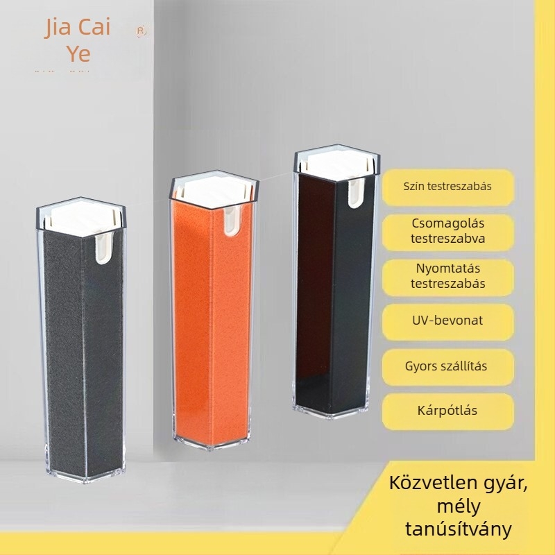 Hexagonális kialakítású telefon LCD-képernyő tisztító készlet, modell JCY-425, tömeg 58,5 g, integrált spray üveg és törlő tároló.