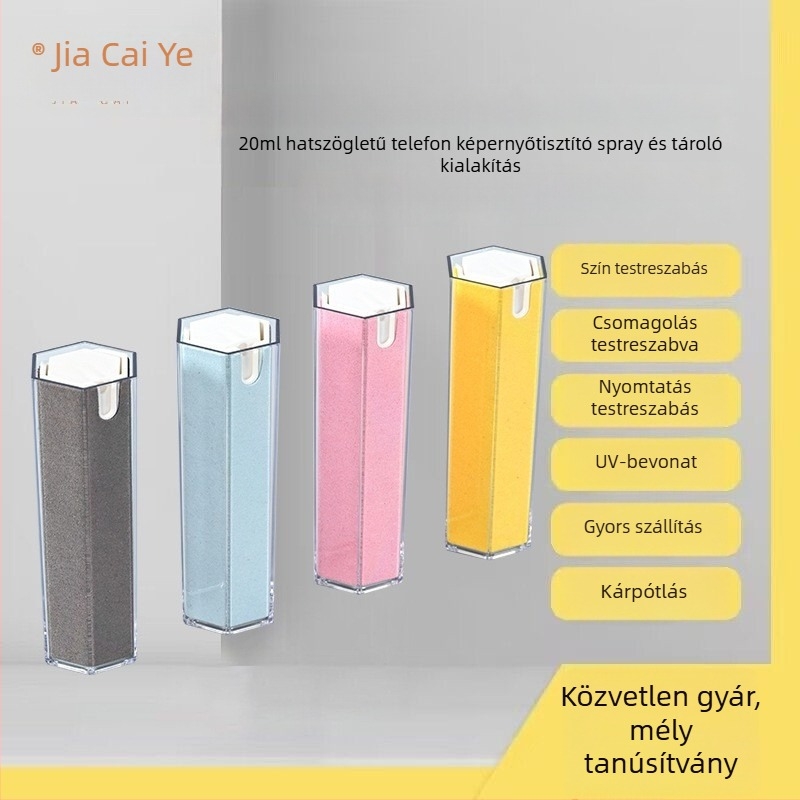 Hexagonális kialakítású telefon LCD-képernyő tisztító készlet, modell JCY-425, tömeg 58,5 g, integrált spray üveg és törlő tároló.