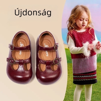 Lányoknak készült bőrcipő tavaszra és őszre, hercegnő-stílusú brit loafer Velcro záródással