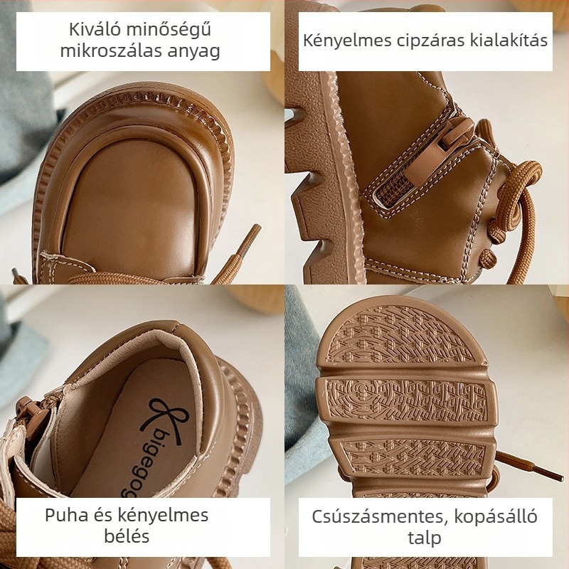 Gyermekcipők — Koreai stílus, alacsony boka, mikroszálas felsőrész, kompozit talp, oldalsó cipzár, tavasz–ősz.